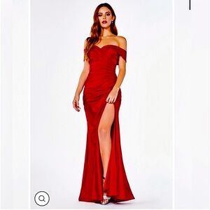 Red train prom dress